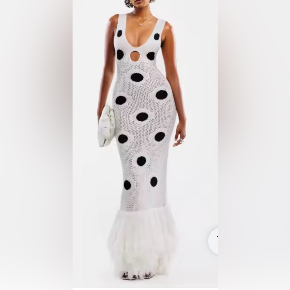 White Polka Dot Cutout Maxi Dress with Frayed Hem